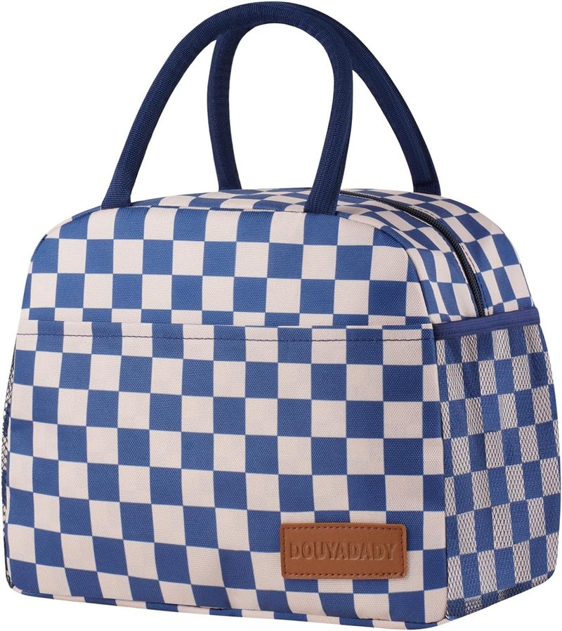 douyadady Lunch Bag Women/Men Lunch Box Women/Men (Blue+Beige Checkerboard) - Image 1